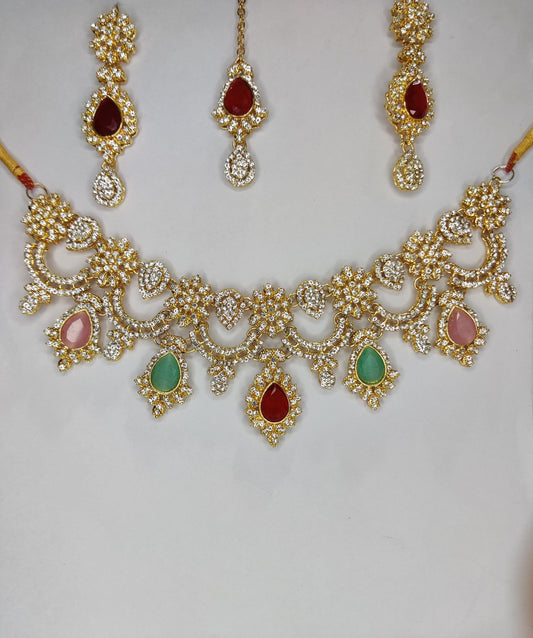 Gold Plated Multi-colour Kundan Turquoise Necklace Earrings Tika Jewelry Set