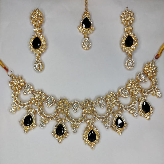 Gold Plated Black Kundan Turquoise Necklace Earrings Tika Jewelry Set